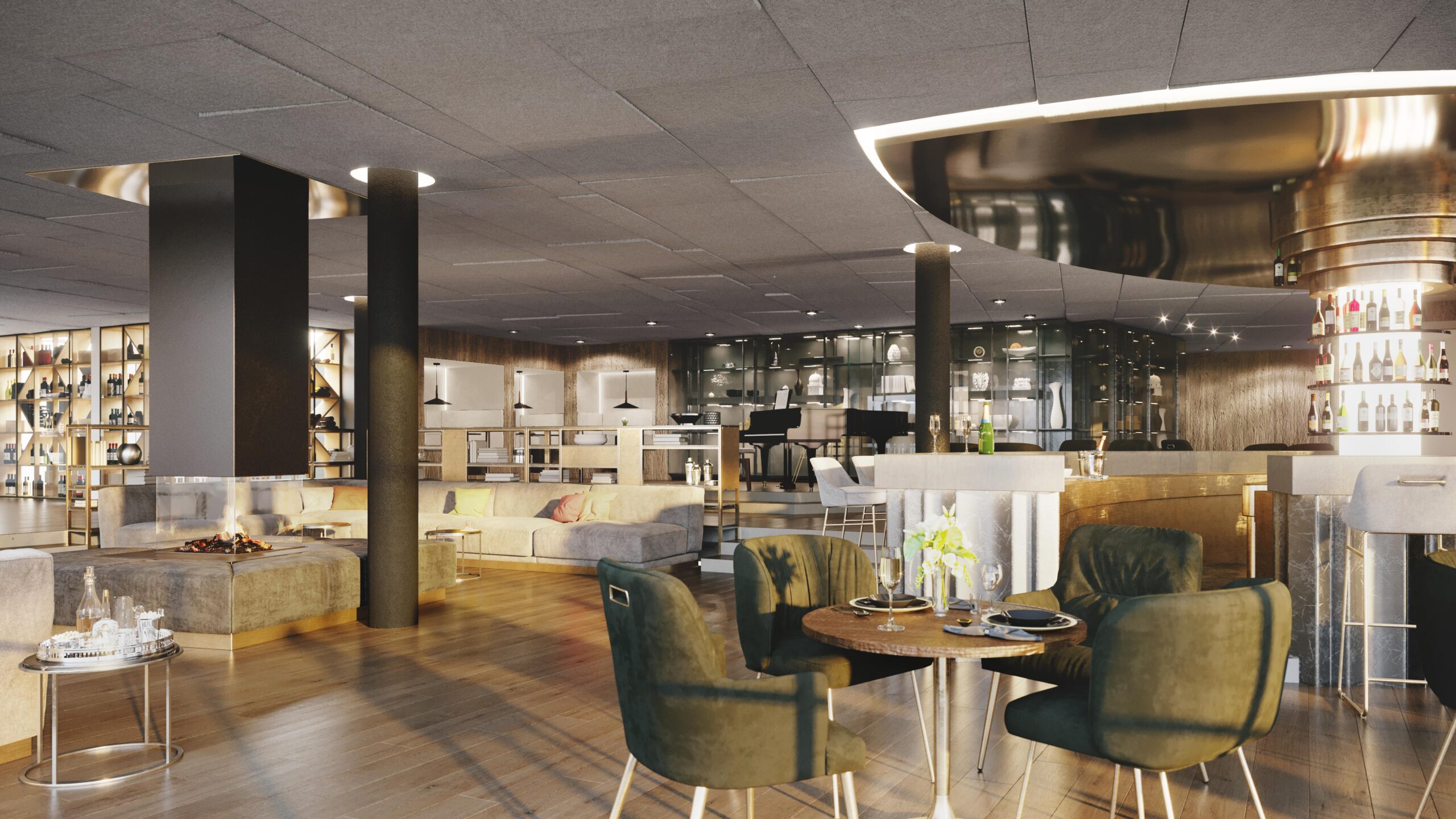 Elegant 3D visualization of a modern lounge with plush seating, warm lighting, and stylish decor, showcasing a stunning architecture render.