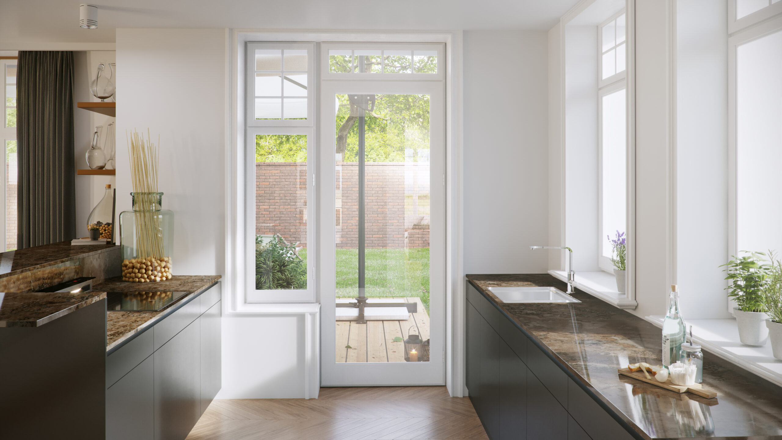 Bright and modern kitchen CGI featuring elegant countertop in 3D visualization. Sunlit architecture render highlights sleek product design.
