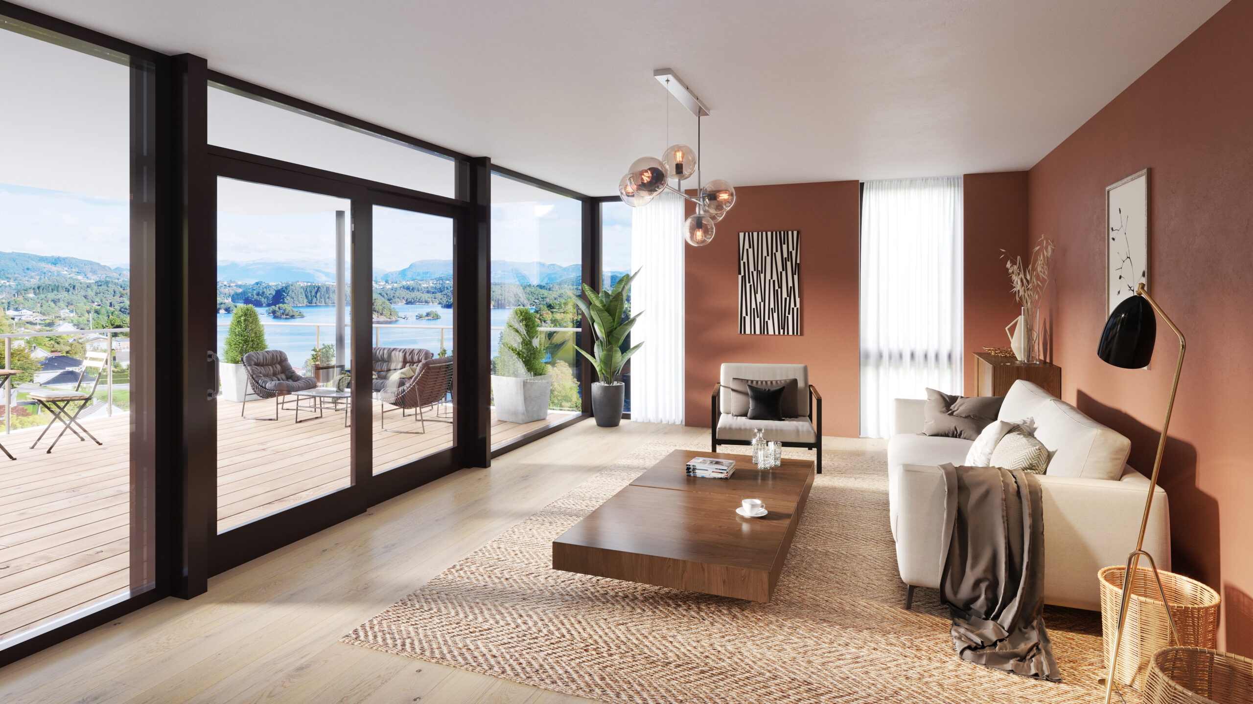Bright 3D visualization of a modern living room with floor-to-ceiling windows, warm lighting, and minimal furniture, showcasing architectural and product render finesse.
