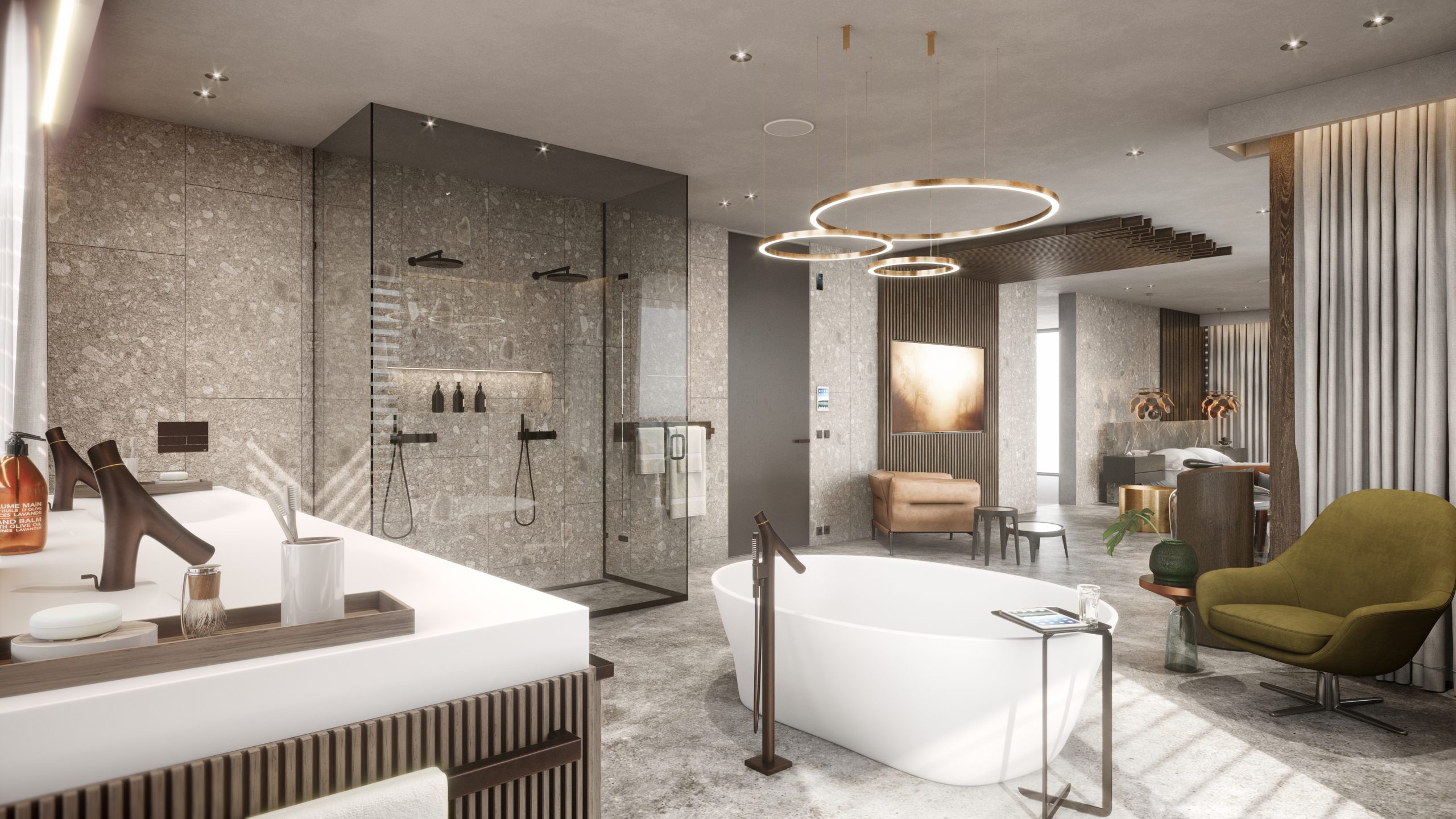 Luxurious modern bathroom 3D visualization showcasing sleek architecture render. Natural light highlights the CGI design and elegant product render.