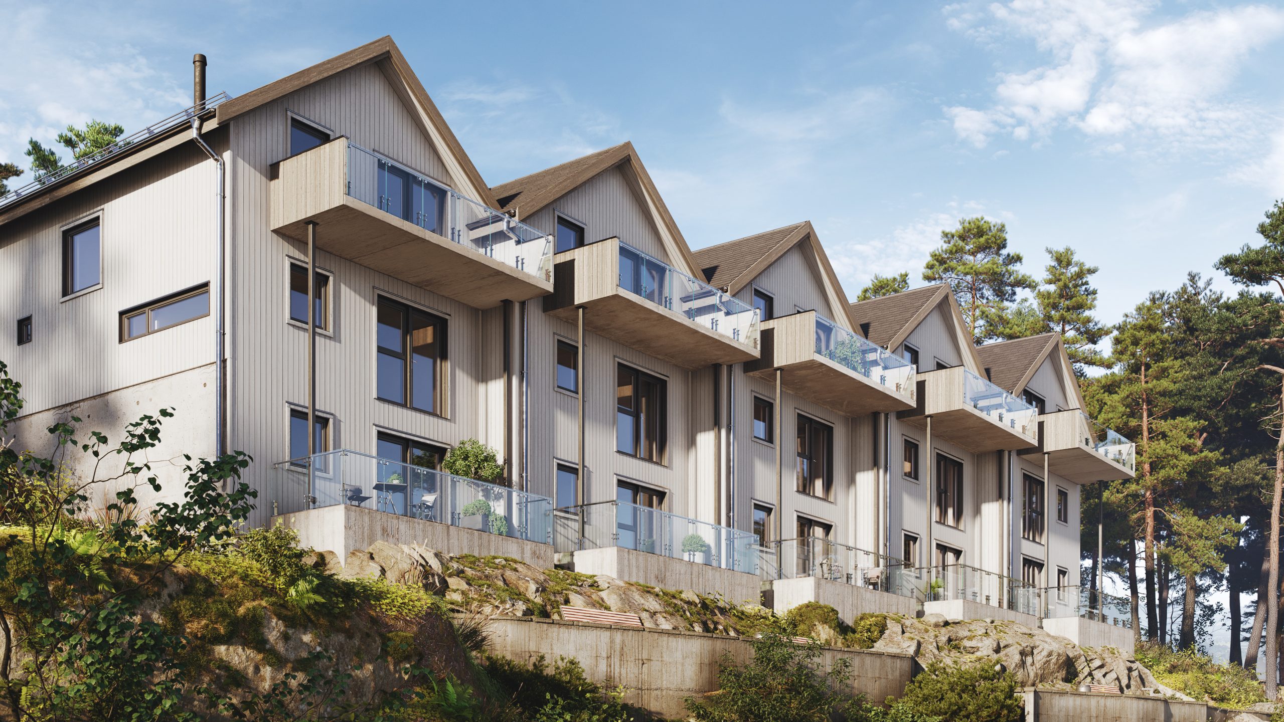 Modern architectural render showcasing a row of elegant townhouses with glass balconies, nestled in nature. CGI 3D visualization highlights realistic textures and lighting.