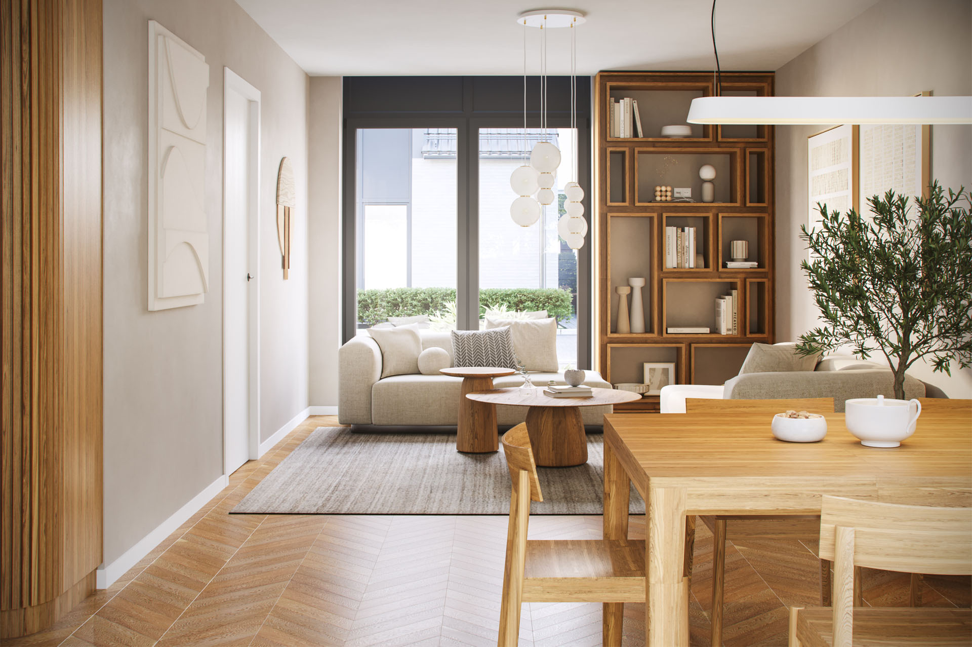 Modern living room 3D visualization featuring stylish furniture and warm lighting. This CGI architecture render highlights elegant interiors and product design.