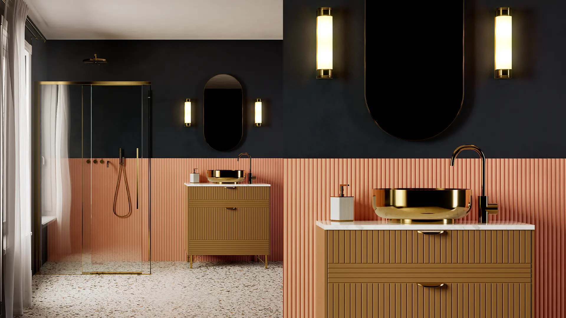 Modern bathroom 3D visualization features a sleek architecture render with ambient lighting, showcasing a chic CGI product image with brass fixtures.