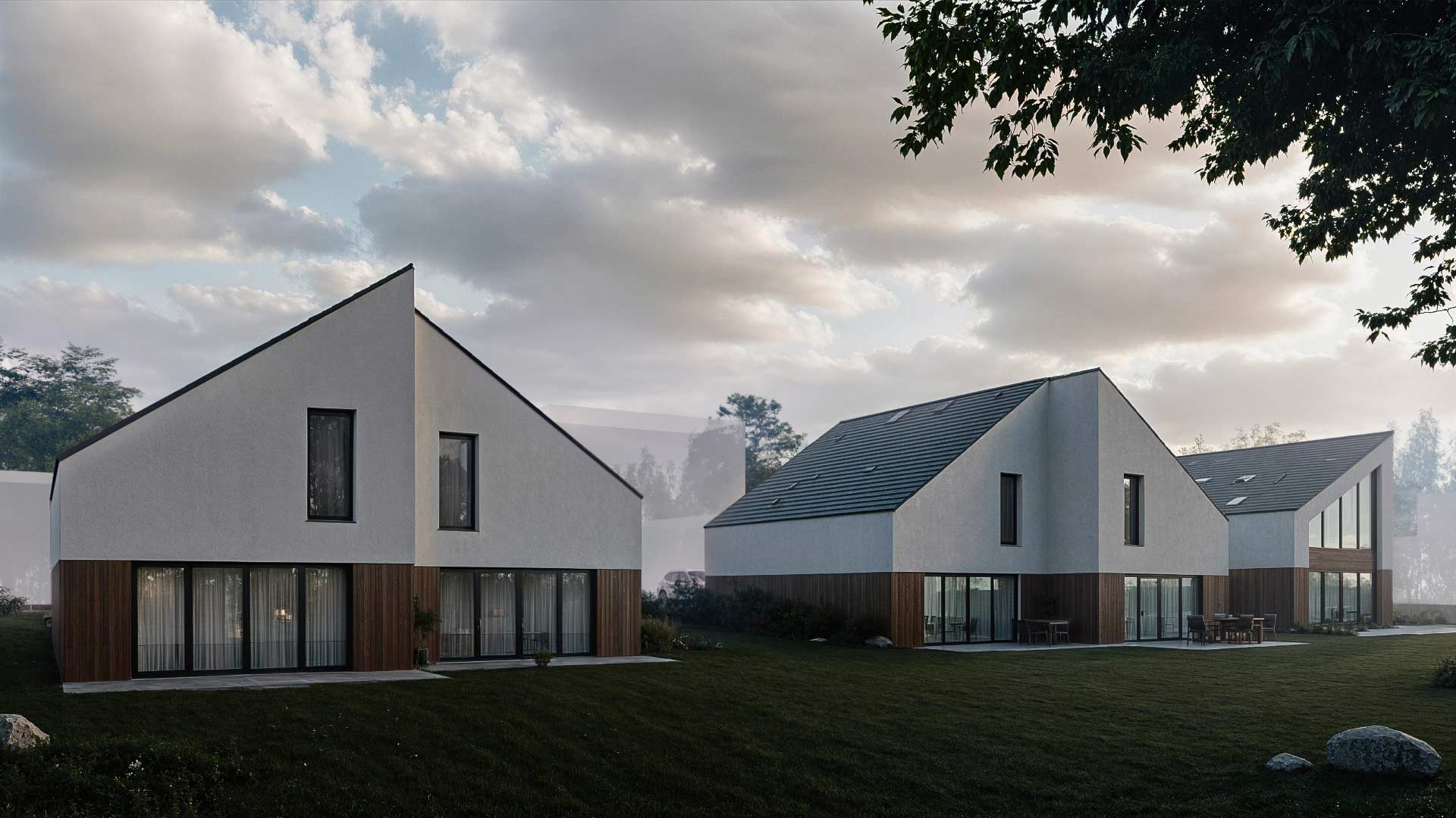 Modern 3D architecture render showcasing minimalist houses at dusk, featuring sleek design and soft lighting, a stunning CGI visualization.