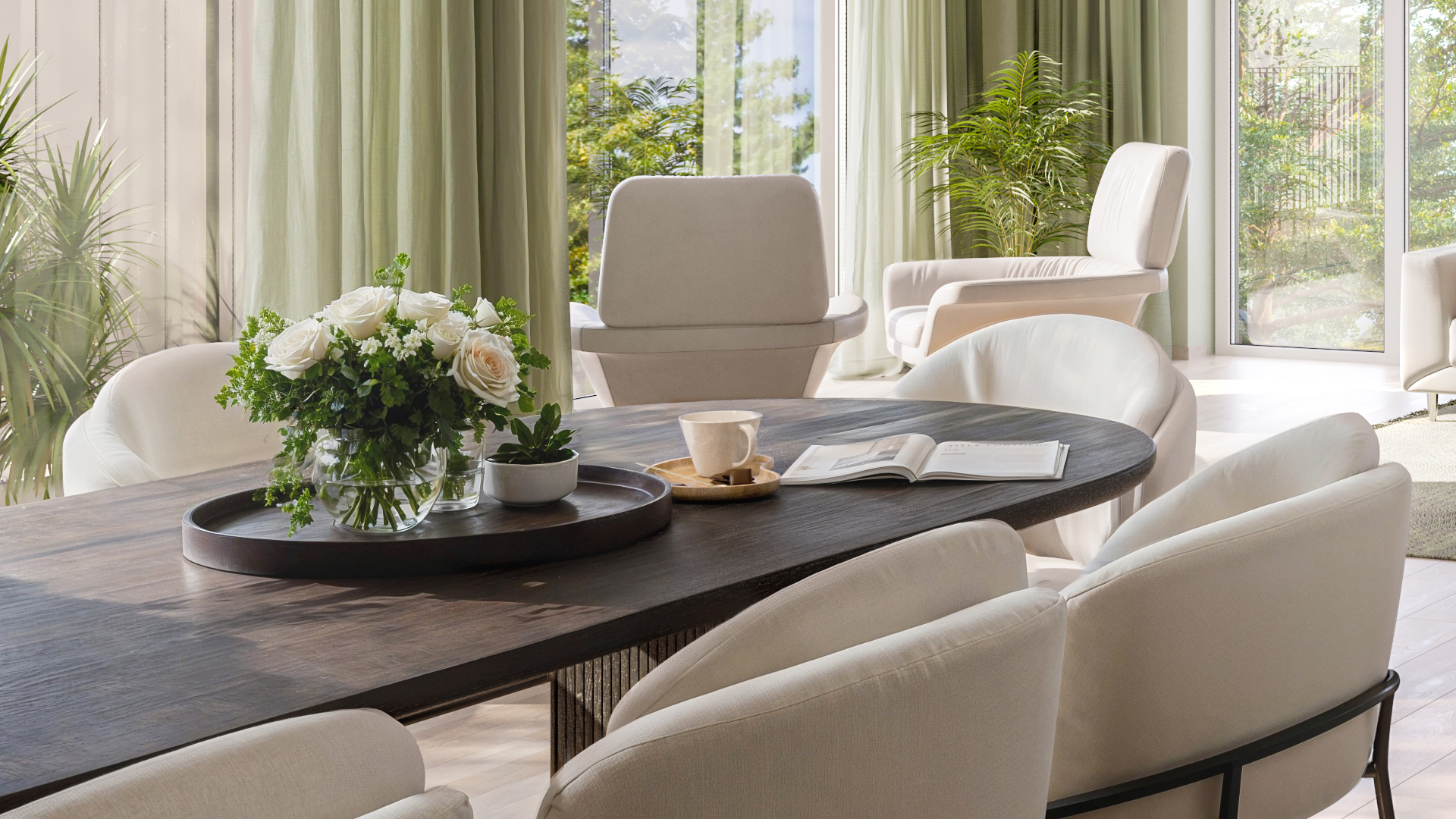 Sophisticated 3D visualization captures a serene dining area with beige chairs, a wooden table, and lush greenery, showcasing expert CGI architecture render.