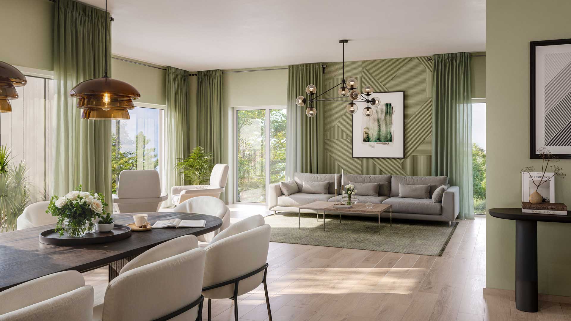 Sleek 3D visualization of a modern living room with natural light highlighting a cozy sofa, lush plants, and elegant decor. Perfect CGI architecture render.