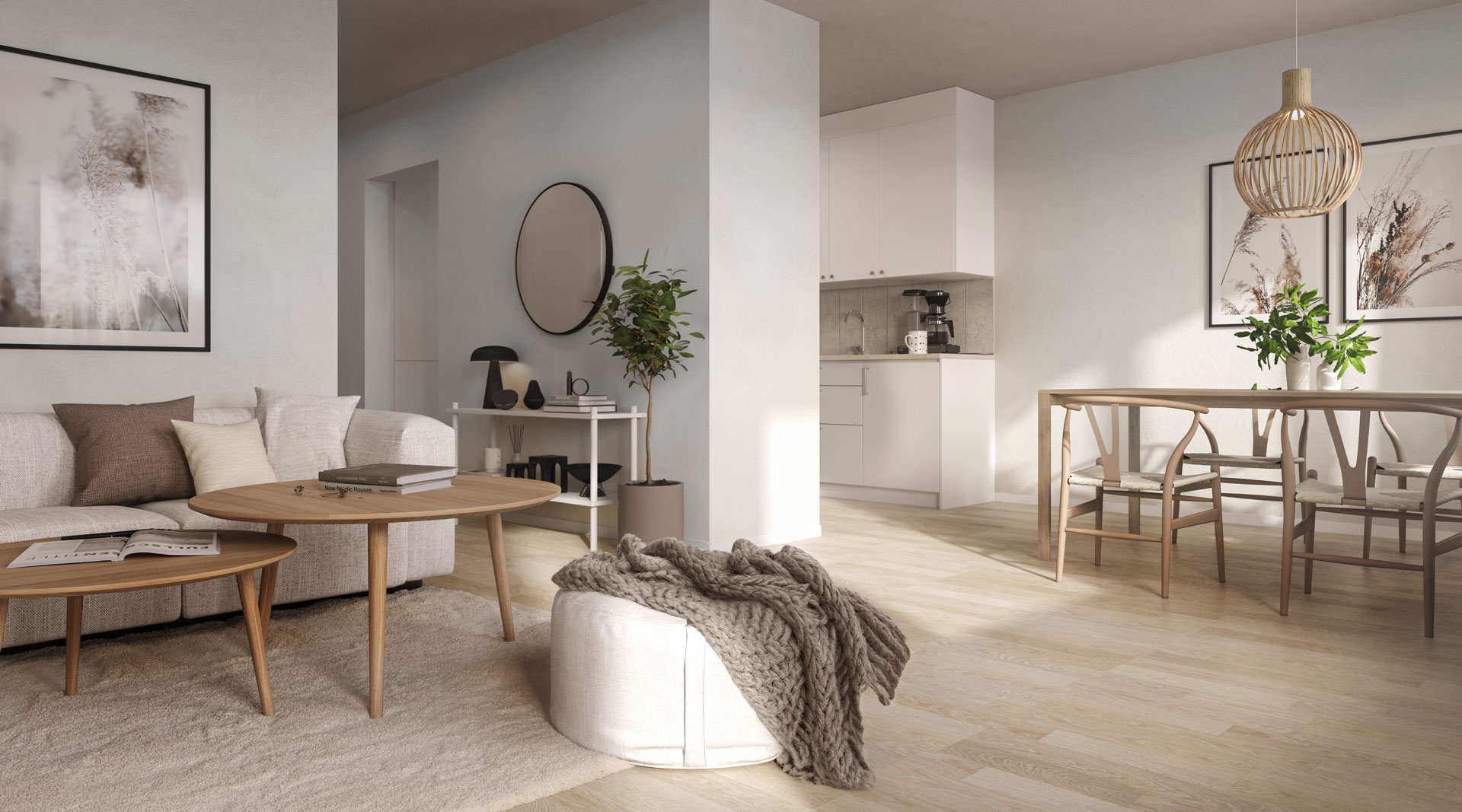 Modern 3D visualization of a serene living-dining space with natural lighting, featuring elegant furniture and decor. A high-quality CGI architecture render.
