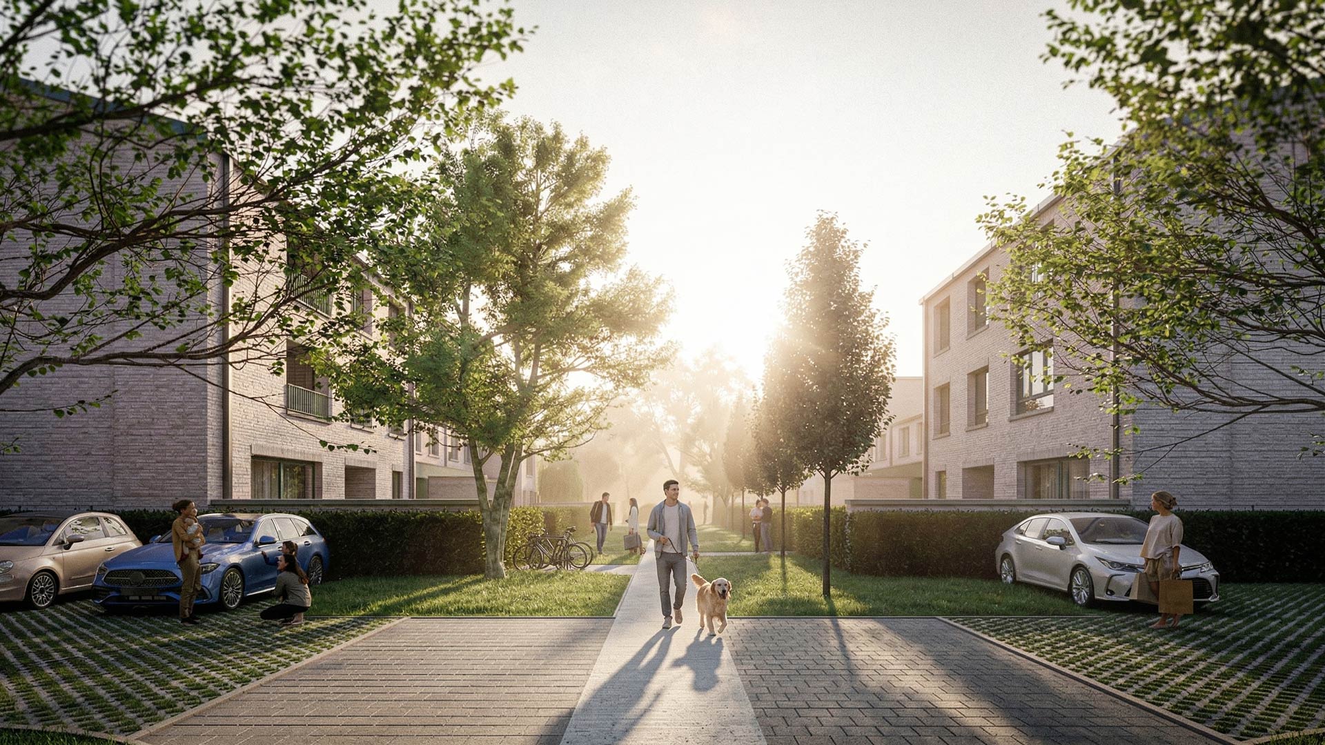 Wondelgem residential development walkway between modern buildings with greenery and people